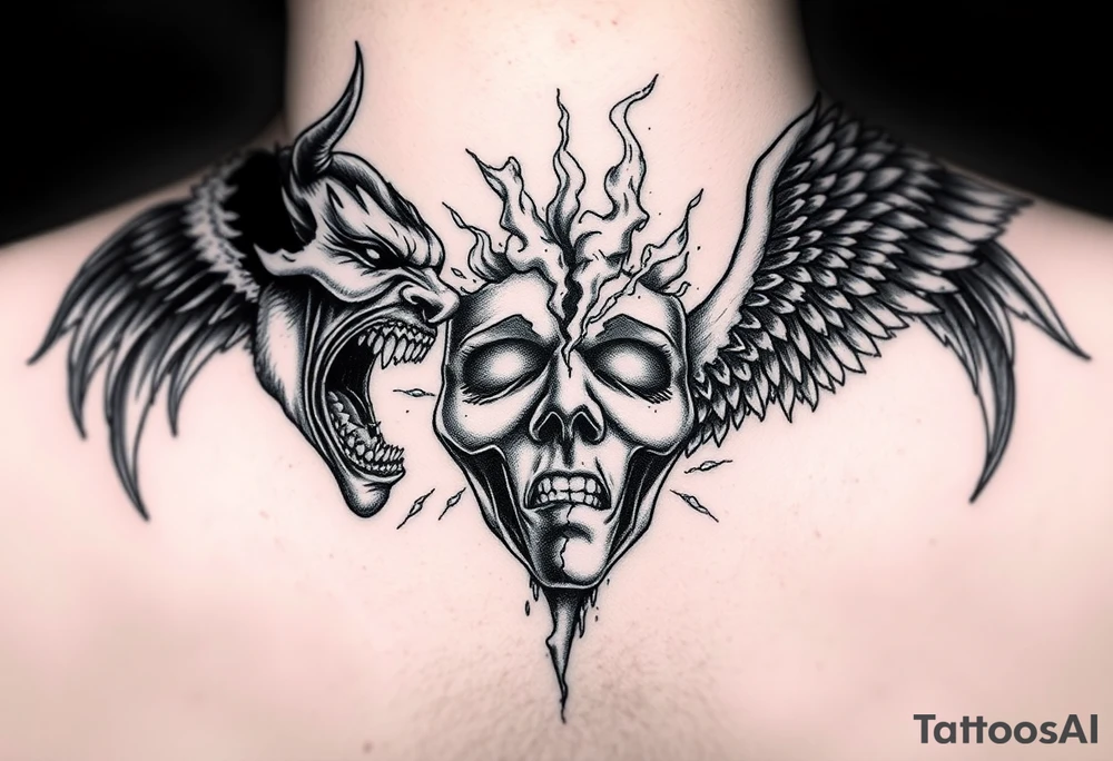 Dark fantasy neck tattoo. A demonic face screaming toward a screaming angel on opposite sides of the neck, both facing inward. Between them, in the center front of the neck, a broken mask splitting into light and darkness, with smoke and energy flowing from the cracks. Black and grey realism, high contrast, detailed linework, dramatic shadows. tattoo idea