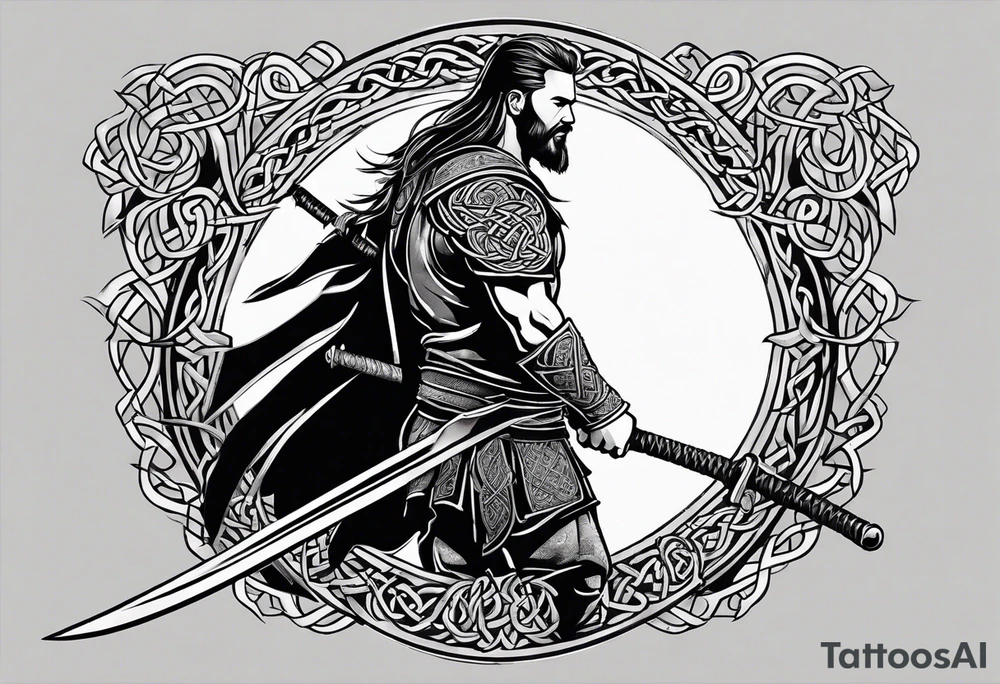 Full body side profile of
Celtic warrior with short hair, a sword in one hand and an axe in the other. tattoo idea