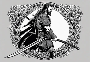 Full body side profile of
Celtic warrior with short hair, a sword in one hand and an axe in the other. tattoo idea