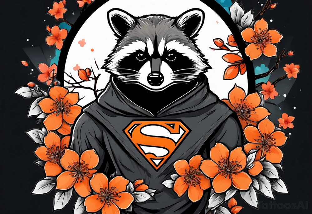 Raccoon wearing a white Superman logo on a black hoodie and orange Japanese cherry blossoms tattoo idea