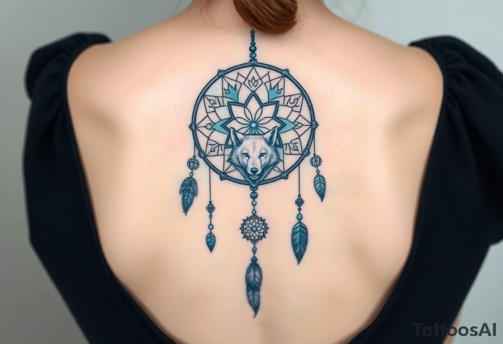 Dreamcatcher with zodiac symbols and protection runes caught in it with wolf teal tattoo idea