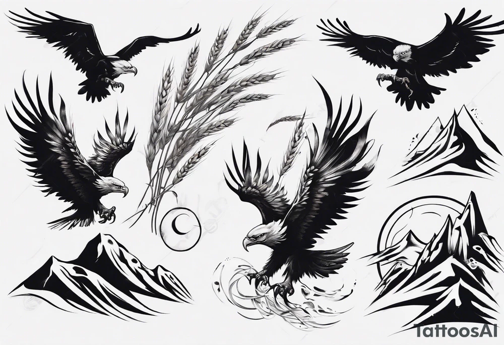 mountains wheat eagle tattoo idea