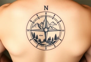 Open compass, bottom half with mountains, trees, stream, and tent. The S of the compass should be a fishing lure tattoo idea