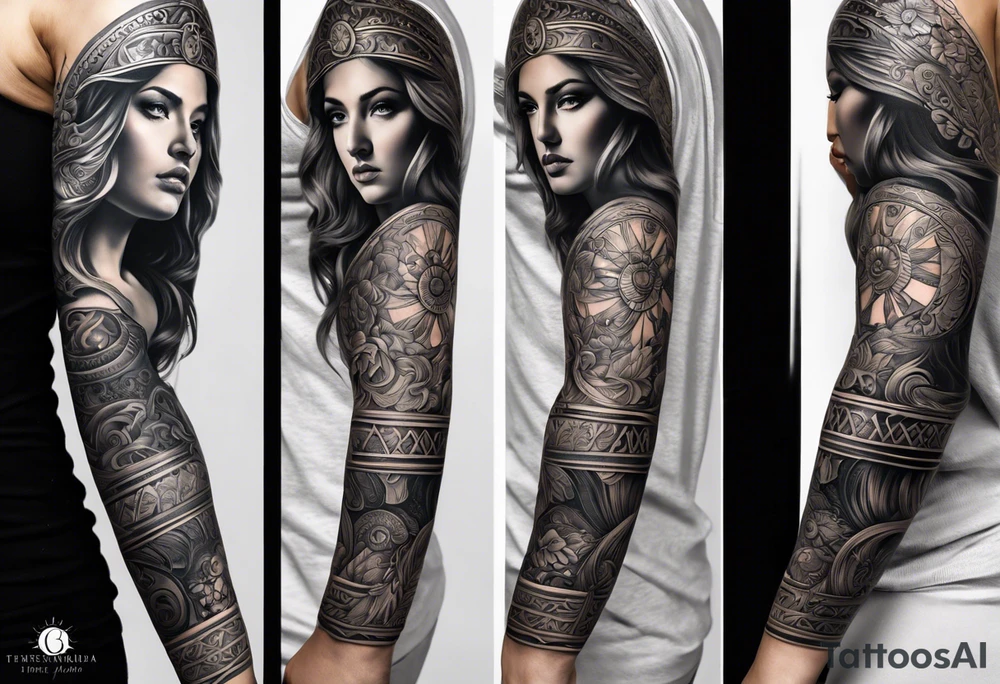A full tattoo sleeve inspired by Greek mythology, featuring the Greek goddess Athena as the centerpiece. Athena is depicted with a commanding and noble presence, embodying wisdom, strength, and strategy. The design should be less dark and heavily shaded, instead focusing on clean lines and balanced contrasts to highlight the intricate details. Surrounding Athena, incorporate a mandala effect with geometric patterns that complement her symbolism of wisdom and warfare. The sleeve also includes elements such as an owl (Athena’s sacred animal), olive branches, and a warrior’s helmet, seamlessly integrated into the design to enhance the theme. The overall aesthetic is bold and strong, yet refined, with a focus on clear, powerful imagery that conveys a sense of wisdom, protection, and courage. tattoo idea