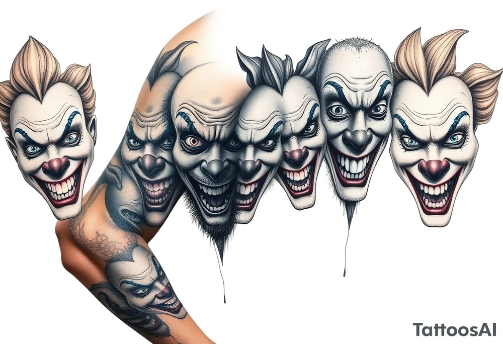 creative collage of each different emotion in different type of clown faces tattoo idea