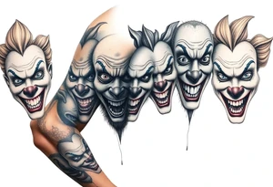 creative collage of each different emotion in different type of clown faces tattoo idea