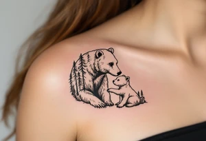 A mother bear and cub in brown ink with a forest silhouette in the background symbolizes fierce protection and guidance. tattoo idea