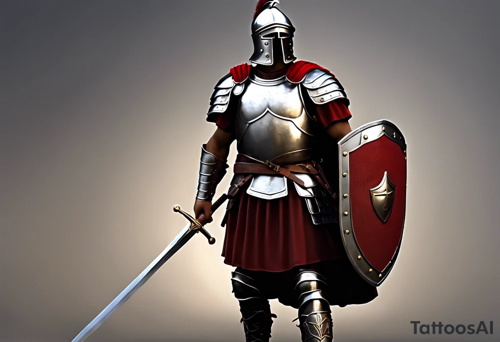 a high ranking roman soldier from AD 60, wearing armour which must include an armoured belt, breastplate, armoured shoes, shield, helmet and sword.
the soldier must look strong. the soldier is faceless. The image must include the full person, not just the top half. The soldier is mid-battle, fending off flaming arrows with his shield tattoo idea