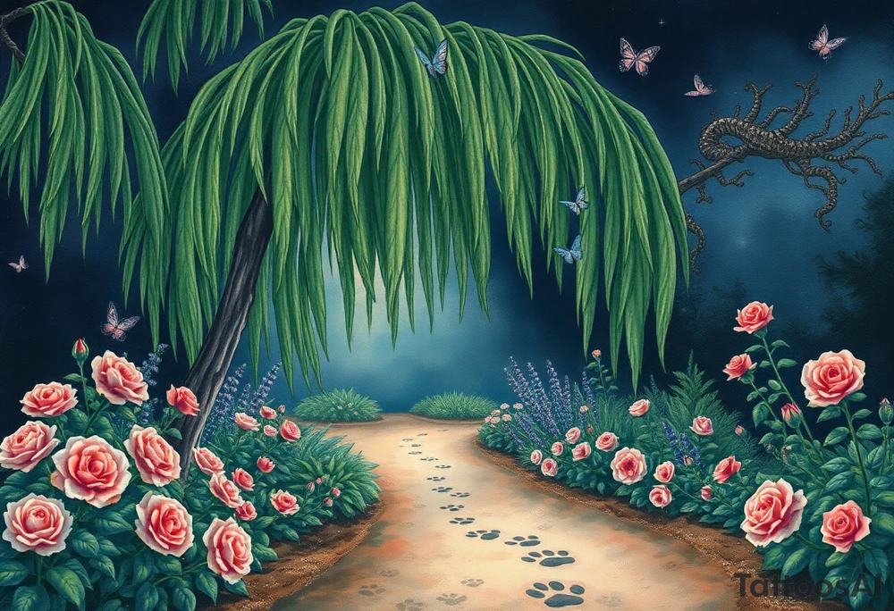 Night time.  weeping willow garden with roses and liles flower beds. fantasy creatures, fairies, mermiads, dragons butterflies,  cat paw prints path in dirt. tattoo idea