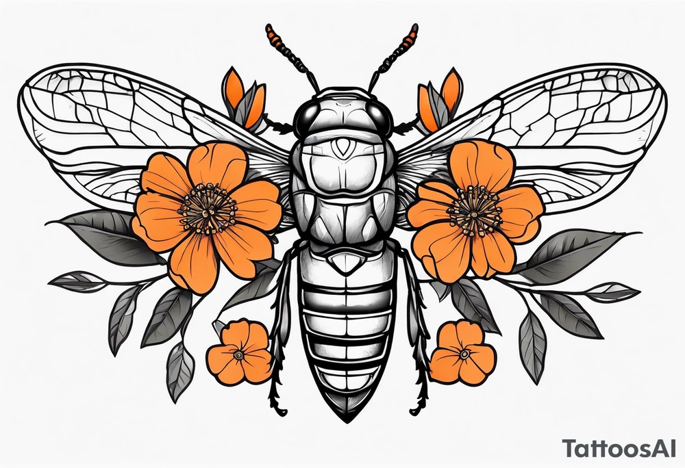 Neo traditional Cicada with orange flowers tattoo idea