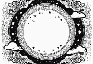 circle vignette frame surrounded by stars clouds tattoo idea