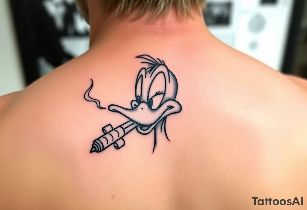 Older Daffy duck smoking a blunt of marijuana tattoo idea