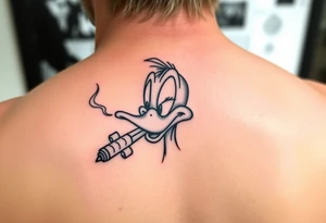 Older Daffy duck smoking a blunt of marijuana tattoo idea