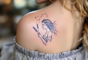 A delicate Virgo constellation in shimmering silver ink rests above a lavender line-art maiden holding wheat. tattoo idea