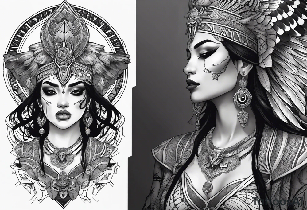 kali ma, alien goddess, valkrye, aries, pirate, divine feminine, zenza resonance, pachamama, lotus azul, blank panther, eagle, skull, 5D, nueva gaya, dna 12, left side chest tatoo tattoo idea