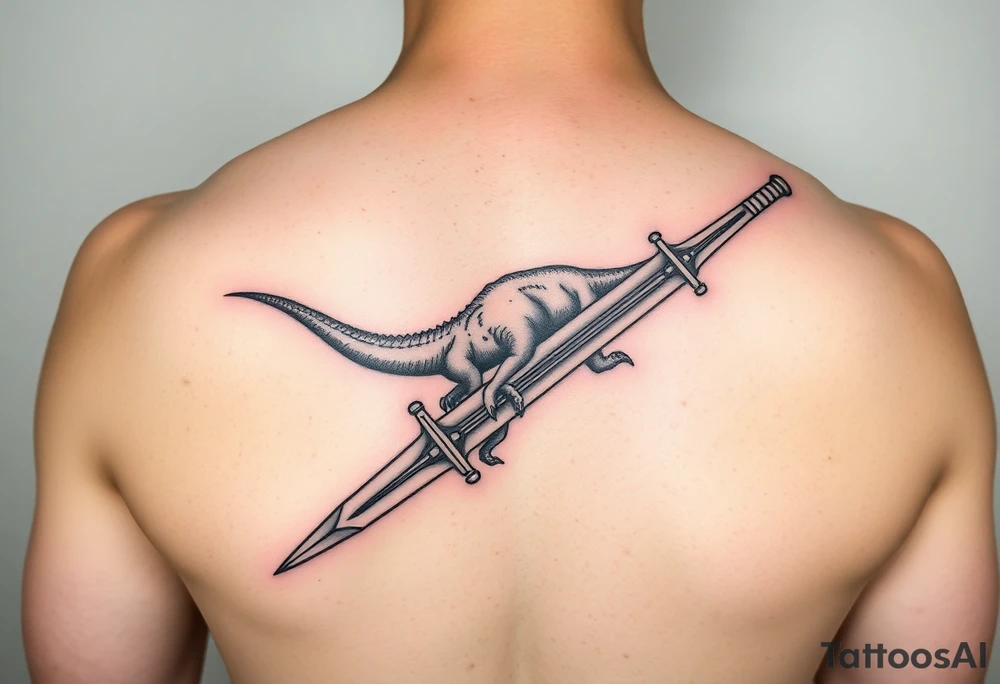 Tattoo image idea that shows a fingolfin sword and has a Brachiosaurus dinosaur incorporated with the sword. Tattoo will be placed on forearm. tattoo idea