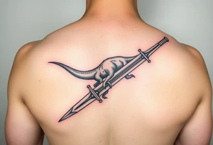 Tattoo image idea that shows a fingolfin sword and has a Brachiosaurus dinosaur incorporated with the sword. Tattoo will be placed on forearm. tattoo idea