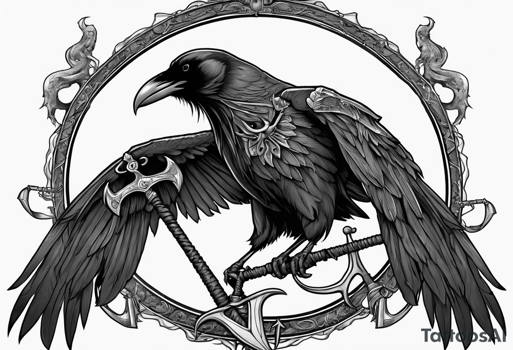 Raven holding skull in claw,and scythe in the shape of anchor tattoo idea