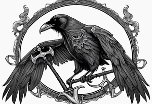 Raven holding skull in claw,and scythe in the shape of anchor tattoo idea