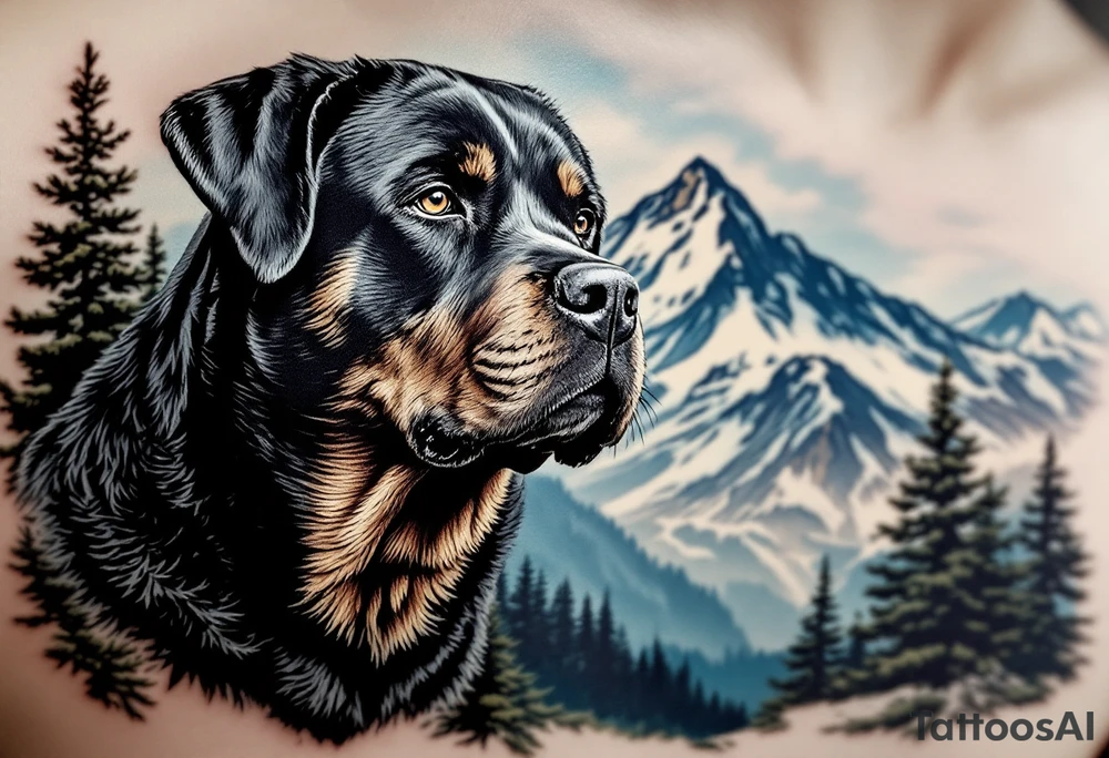 Majestic Rottweiler with Mountain Scenery – A proud Rottweiler gazing over mountain peaks and pine trees. Earth-toned fur, background in natural blues and greens. tattoo idea