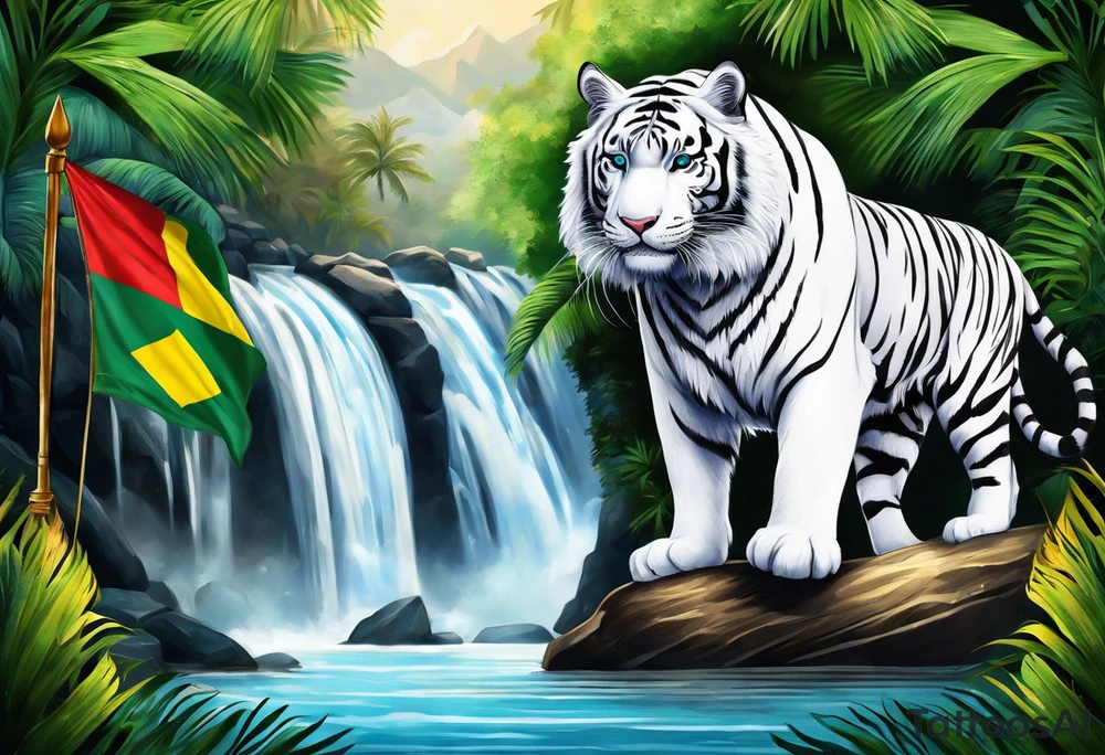 Two tigers: a white tiger and black tiger on opposite sides of the waterfall with a calligraphy ink container at the top and the Bahamas and Jamaica flag on opposite sides. tattoo idea