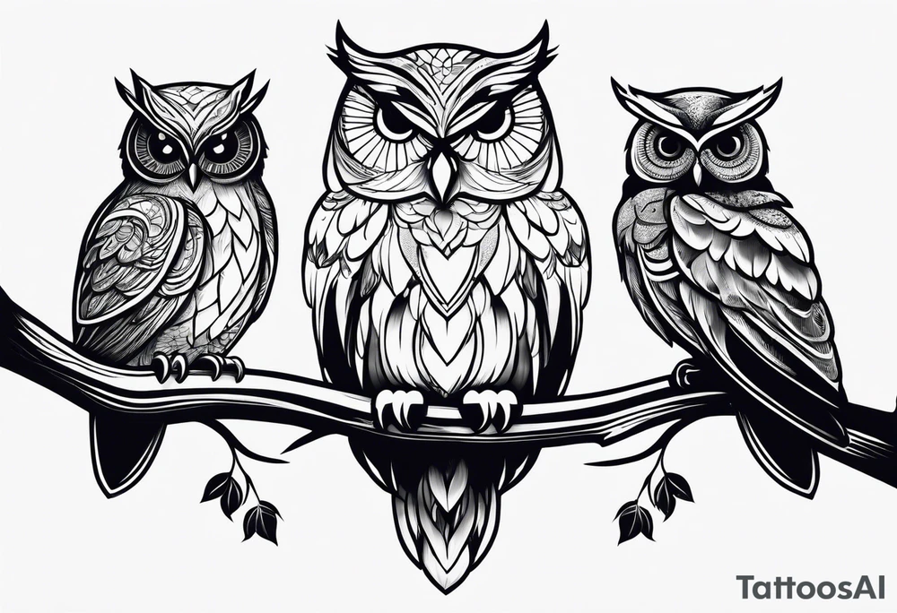 Three owl silhouettes overlapping with branch tattoo idea