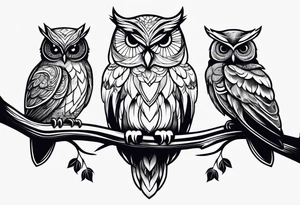 Three owl silhouettes overlapping with branch tattoo idea