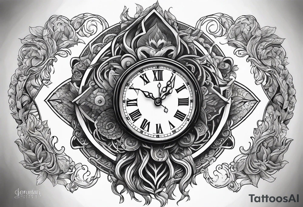 Yggdrasil with an old watch face behind it tattoo idea