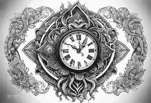 Yggdrasil with an old watch face behind it tattoo idea