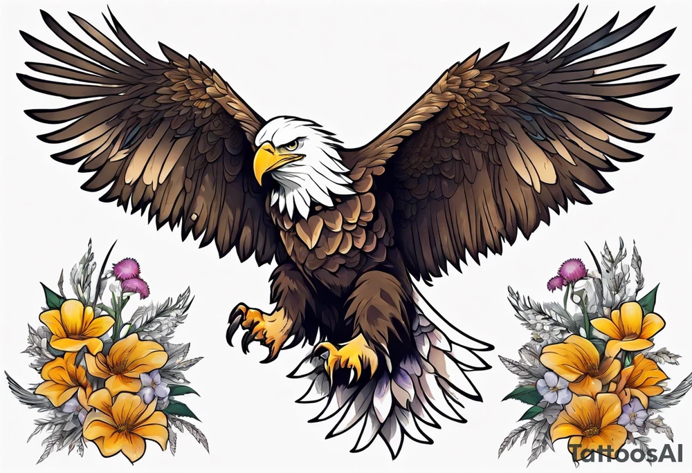 bald eagle with wings spread with mountain flowers in the background tattoo idea