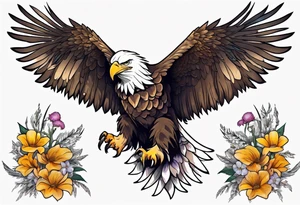 bald eagle with wings spread with mountain flowers in the background tattoo idea