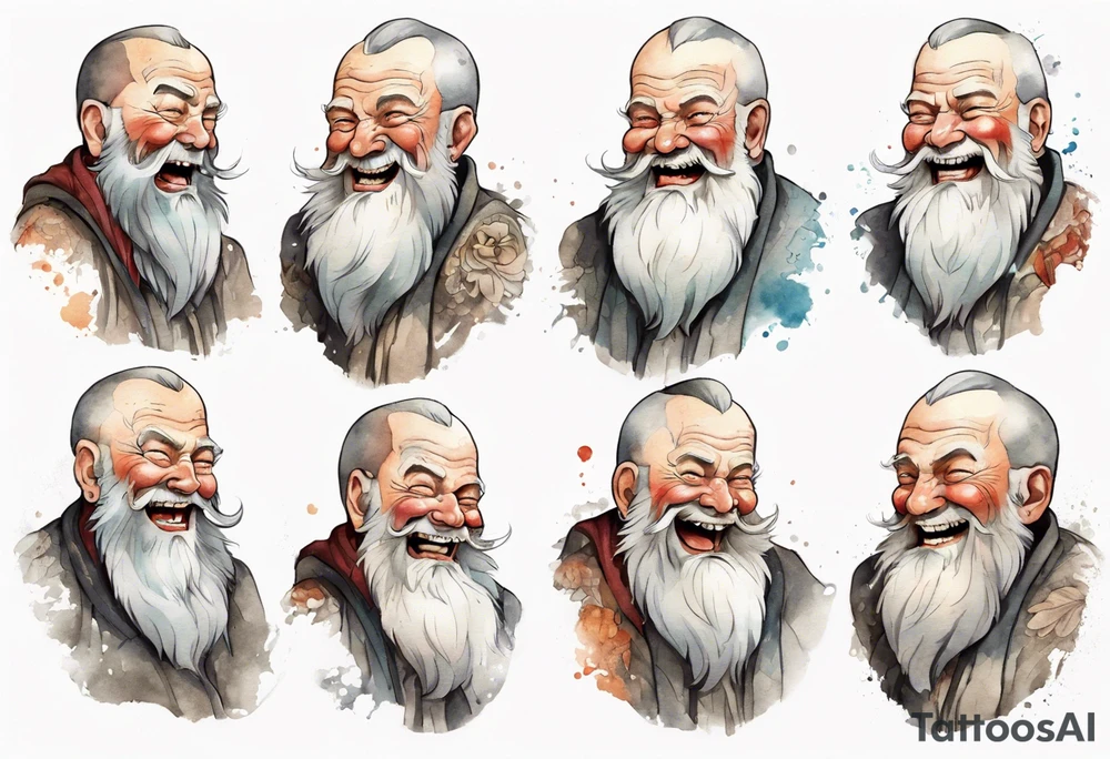 full portrait a large Bavarian man with a grey beard laughing tattoo idea