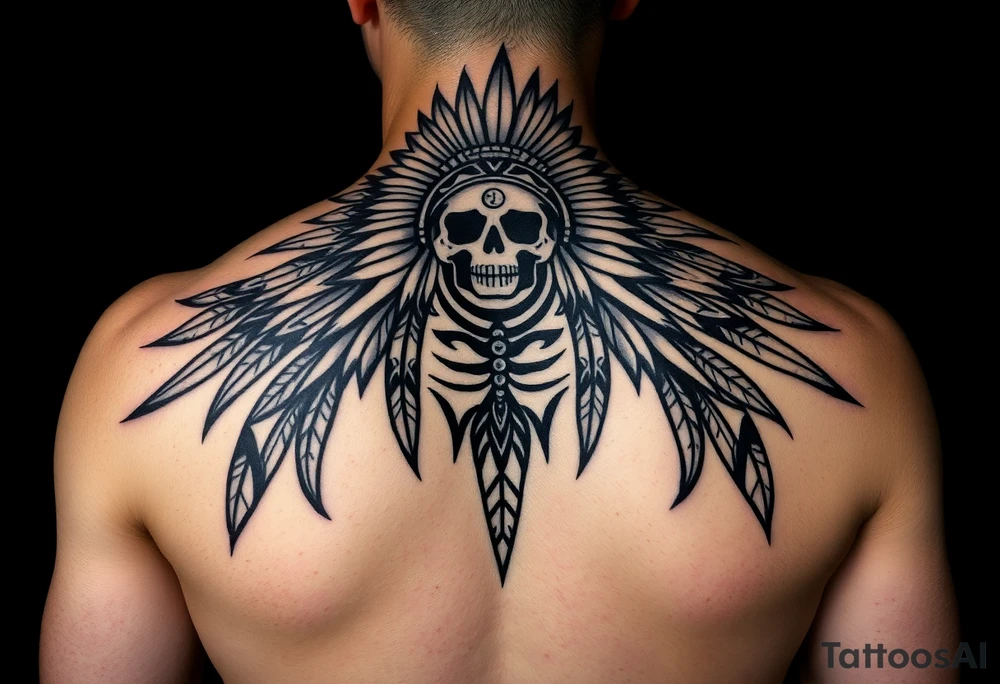 Traditional cherokee chief skeleton with spirit animals in the sky and moon and hazy clouds in the backdrop on shoulder tattoo idea
