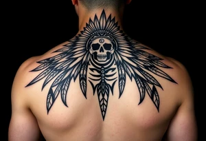 Traditional cherokee chief skeleton with spirit animals in the sky and moon and hazy clouds in the backdrop on shoulder tattoo idea