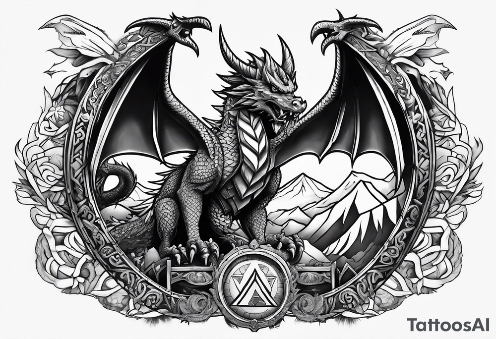 Valhalla sword shield  axe  dragon dragon
Valknut  ruins tattoo idea