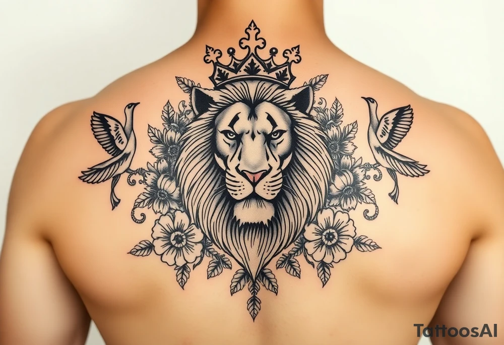 powerful majestic lion with a crown, surrounded by floral ornaments and birds tattoo idea