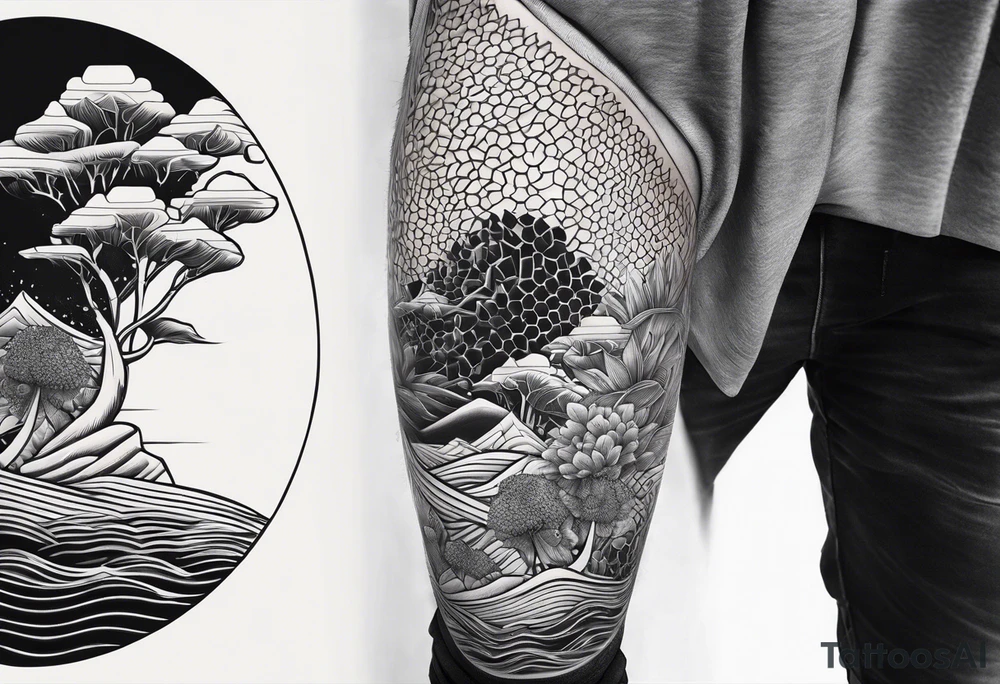 Honeycomb coast full leg sleeve male tattoo idea