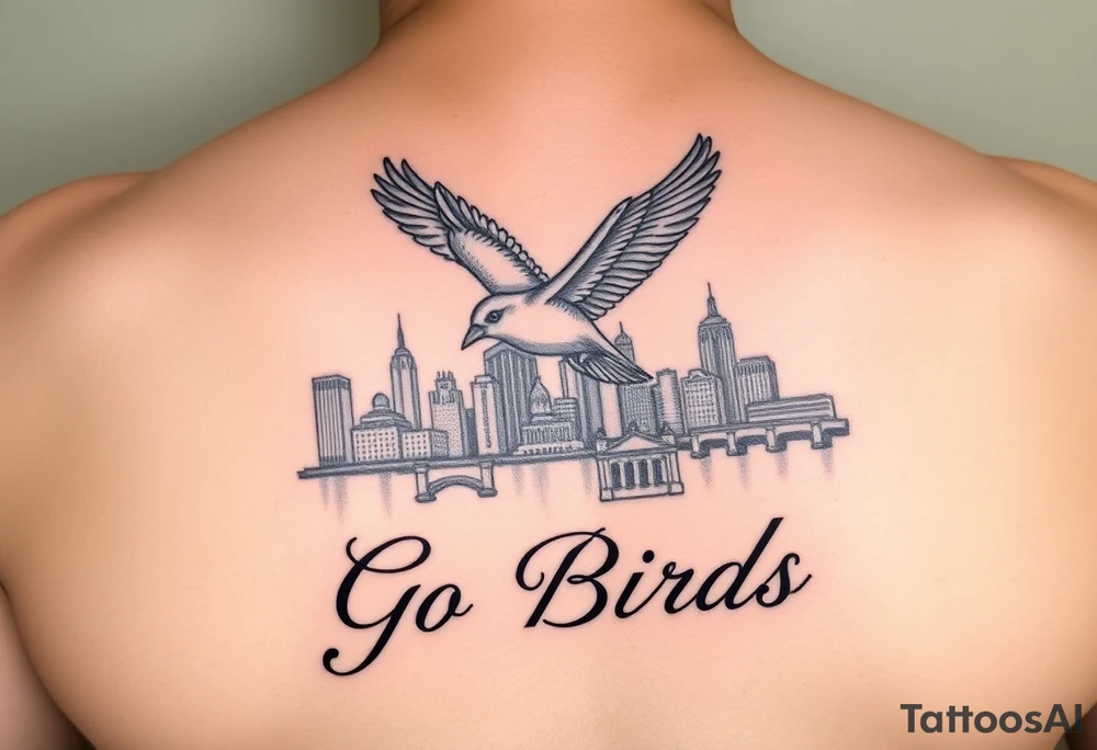 Philadelphia Classic bird flying over Philadelphia city skyline with Go Birds written under it tattoo idea