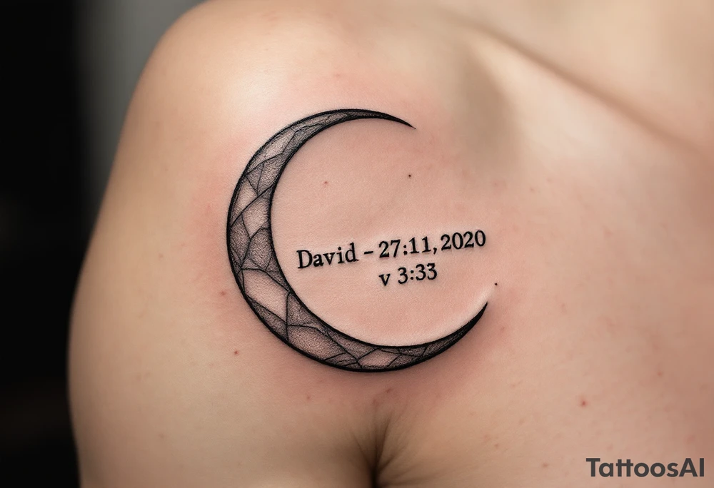 Crescent moon with "David – 27.11.2020 v 3:33" nestled in its curve, done in silver-gray and black. tattoo idea