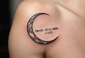 Crescent moon with "David – 27.11.2020 v 3:33" nestled in its curve, done in silver-gray and black. tattoo idea