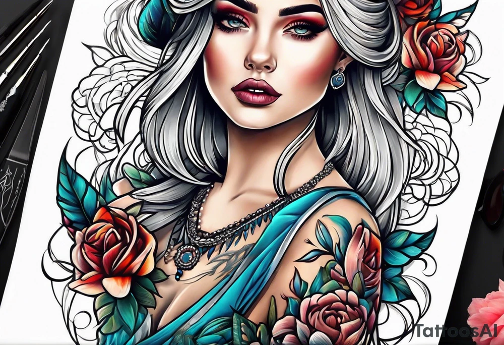 cara mujer neo tradicional tattoo idea