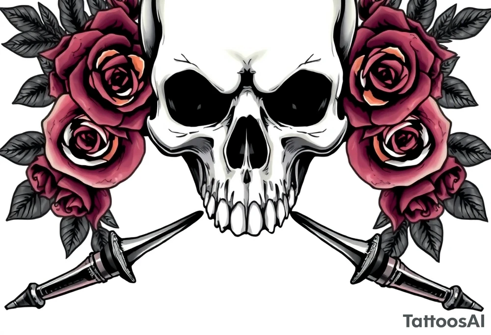 Close-up of a skull entwined with dark blooming roses, ornate broadswords. tattoo idea