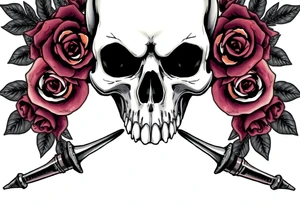 Close-up of a skull entwined with dark blooming roses, ornate broadswords. tattoo idea