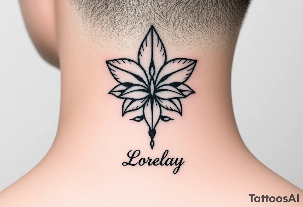 Crea un diseño significativo sobre la flor de bayahibe egipcia y que tenga el nombre escrito por de bajo del diseño el nombre de mi hermana Lorelay para la parte baja del bíceps tattoo idea