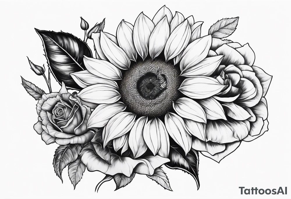 Sunflower and rose flower tattoo idea