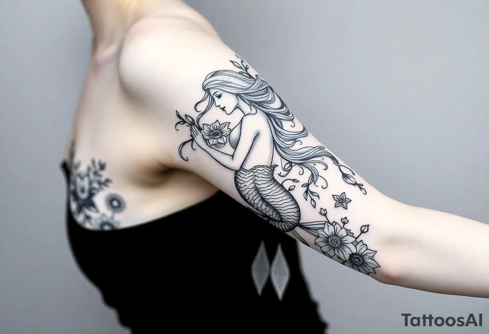 ethereal mermaid with flowing hair among coral and sea flowers tattoo idea