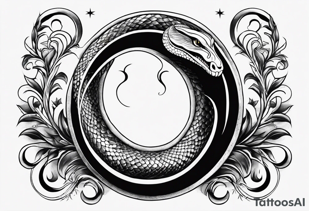 simple snake wrapped around a crescent moon, from bottom up tattoo idea
