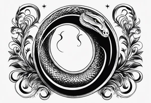 simple snake wrapped around a crescent moon, from bottom up tattoo idea