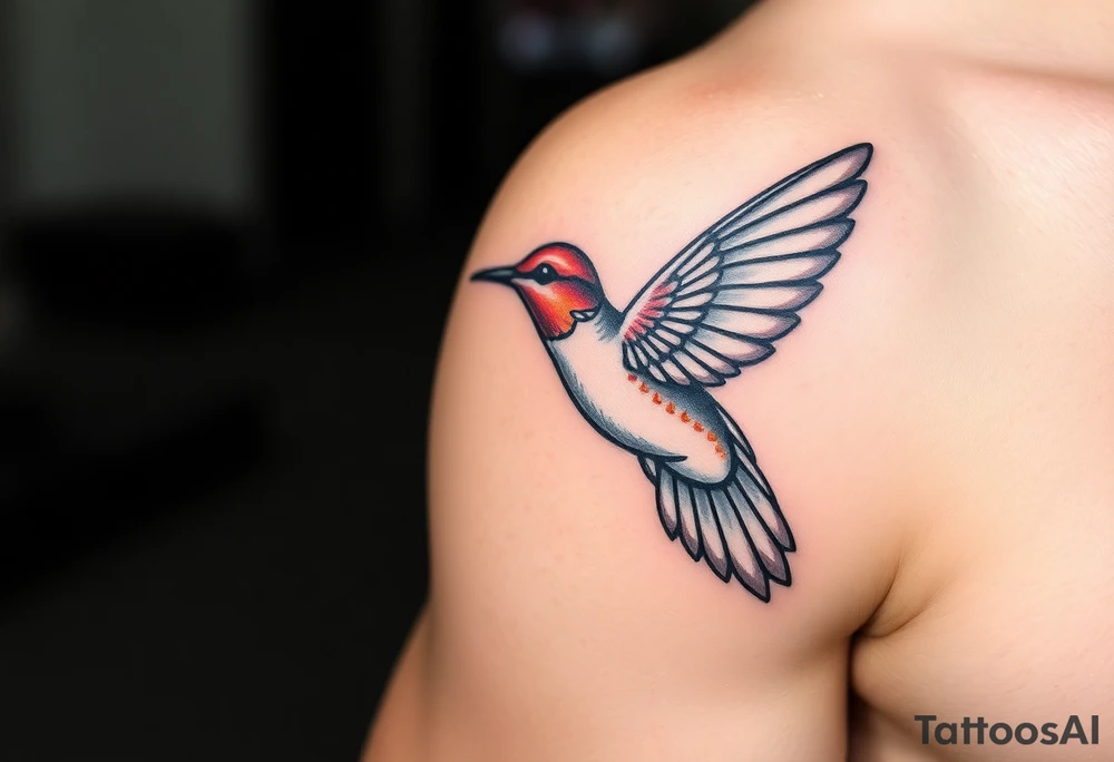 A hummingbird leaving a trail of glowing hieroglyphs as it flies(only red , blue and black are possible colors) tattoo idea