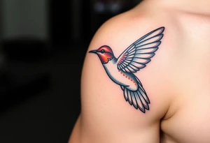 A hummingbird leaving a trail of glowing hieroglyphs as it flies(only red , blue and black are possible colors) tattoo idea